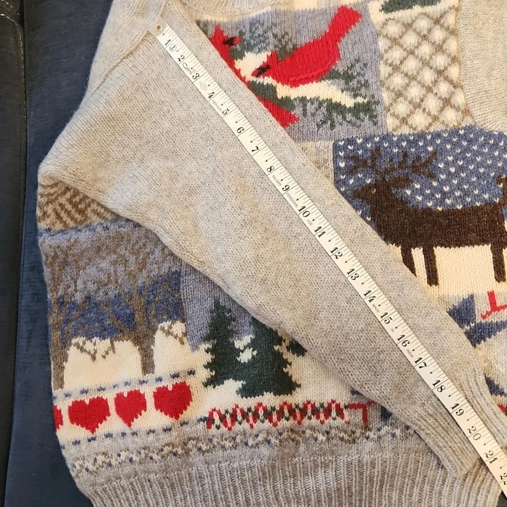 Orvis Winter Intarsia Gray Wool Cardinal Birds Moose Snowflakes Sweater Sz M